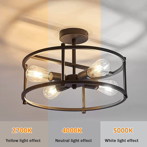 Contemporary Industrial Round Iron Frame 4-Light Semi-Flush Mount Ceiling Light For Living Room - Image 9