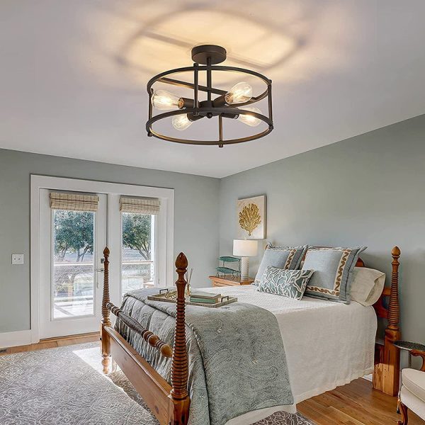 Contemporary Industrial Round Iron Frame 4-Light Semi-Flush Mount Ceiling Light For Living Room - Image 10