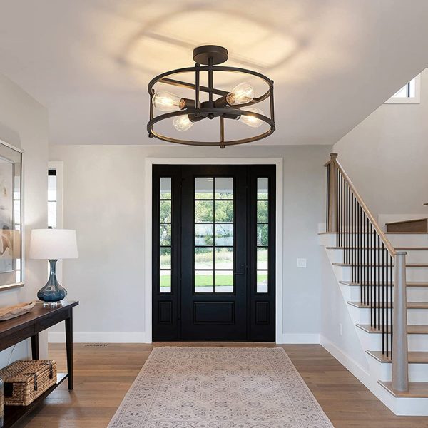 Contemporary Industrial Round Iron Frame 4-Light Semi-Flush Mount Ceiling Light For Living Room - Image 2