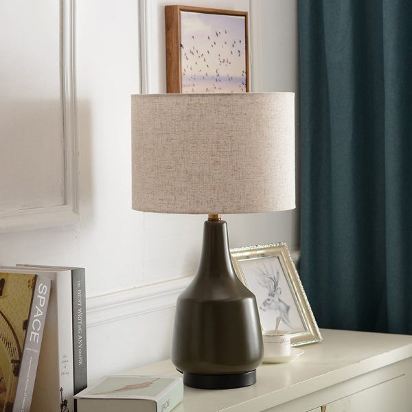 Contemporary Scandinavian Brass Ceramic Fabric Tapered Cylindrical Shade 1-Light Table Lamp For Bedroom And Study - Image 4