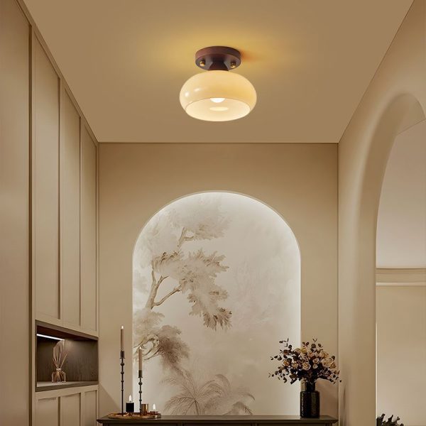 Traditional Vintage Dome Iron Wood Glass 1-Light Semi-Flush Mount Ceiling Light For Living Room