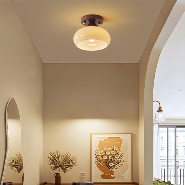 Traditional Vintage Dome Iron Wood Glass 1-Light Semi-Flush Mount Ceiling Light For Living Room - Image 2