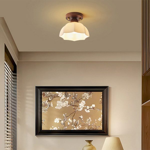 Traditional Vintage Dome Iron Wood Glass 1-Light Semi-Flush Mount Ceiling Light For Living Room - Image 3