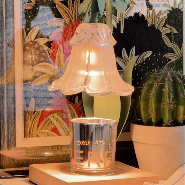 Contemporary Scandinavian Flower Iron Wood Glass 1-Light Melting Wax Table Lamp For Living Room - Image 3