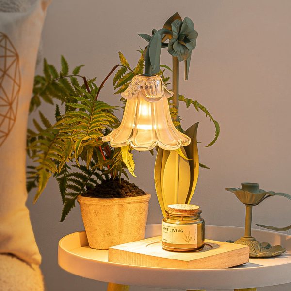 Contemporary Scandinavian Flower Iron Wood Glass 1-Light Melting Wax Table Lamp For Living Room - Image 6