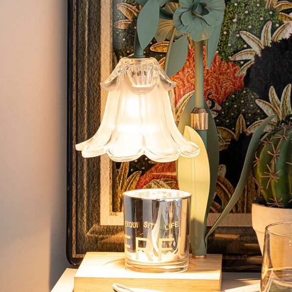 Contemporary Scandinavian Flower Iron Wood Glass 1-Light Melting Wax Table Lamp For Living Room - Image 8
