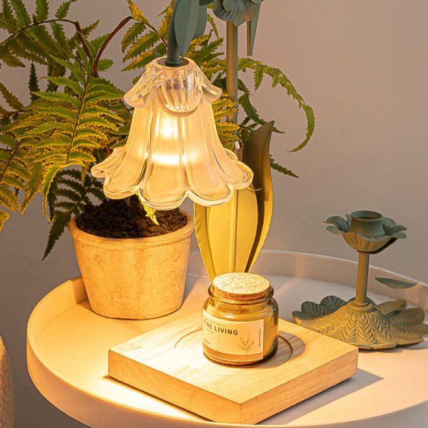 Contemporary Scandinavian Flower Iron Wood Glass 1-Light Melting Wax Table Lamp For Living Room - Image 11