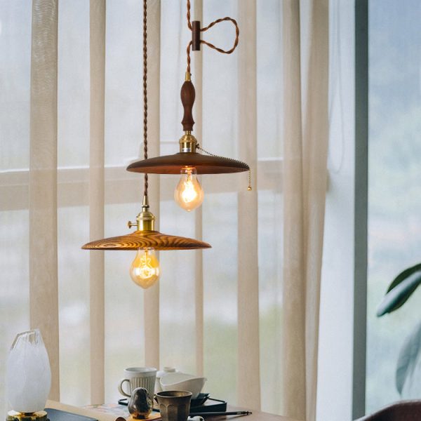 Contemporary Retro Pull Chain Wooden Handle Flying Saucer Brass Wood 1-Light Pendant Light For Dining Room - Image 2