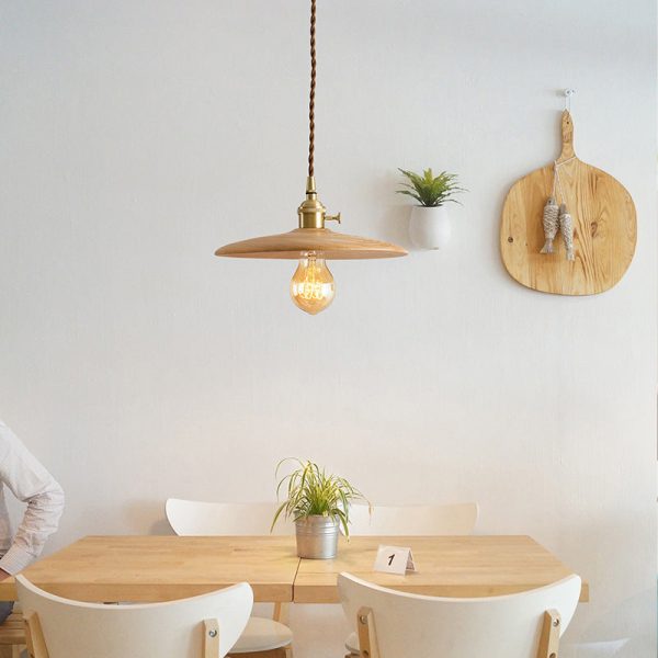 Contemporary Retro Pull Chain Wooden Handle Flying Saucer Brass Wood 1-Light Pendant Light For Dining Room - Image 8