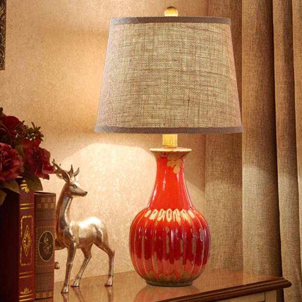 Traditional Vintage Cylindrical Round Table Bottle Vertical Ceramic Fabric 1-Light Table Lamp For Bedroom - Image 2
