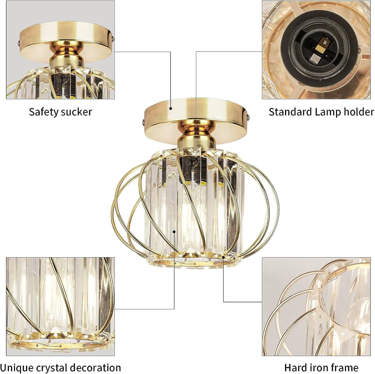 Contemporary Scandinavian Pumpkin Curved Arc Hollow Cylinder Disc Base Iron Crystal 1-Light Semi-Flush Mount Ceiling Light For Living Room - Image 6