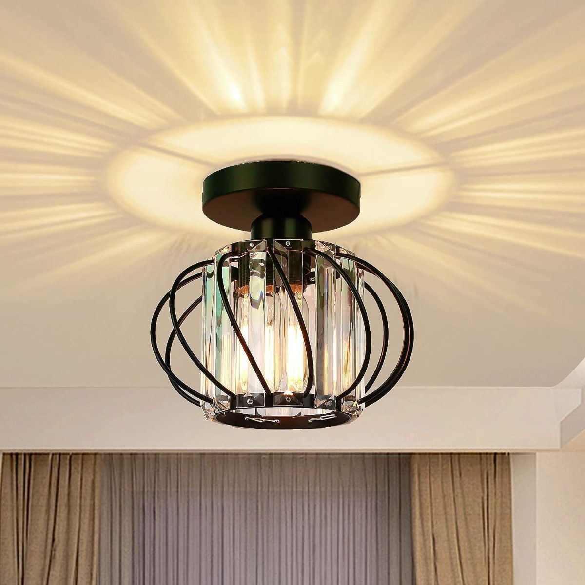 Contemporary Scandinavian Pumpkin Curved Arc Hollow Cylinder Disc Base Iron Crystal 1-Light Semi-Flush Mount Ceiling Light For Living Room - Image 1