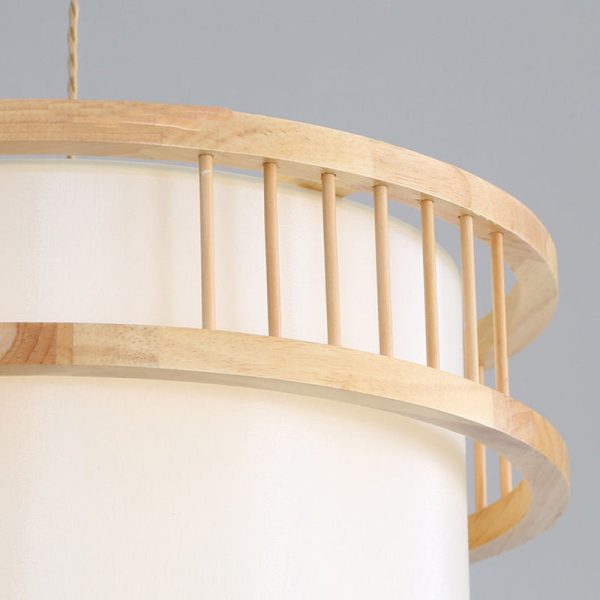 Traditional Japanese Wood Fabric Round Shade 1/4-Light Chandelier For Dining Room - Image 6