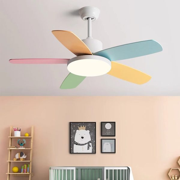 Contemporary Scandinavian Macaron Carbon Steel Wood Fan Blade LED Downrod Ceiling Fan Light For Living Room - Image 3