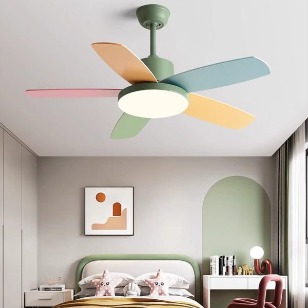 Contemporary Scandinavian Macaron Carbon Steel Wood Fan Blade LED Downrod Ceiling Fan Light For Living Room - Image 2