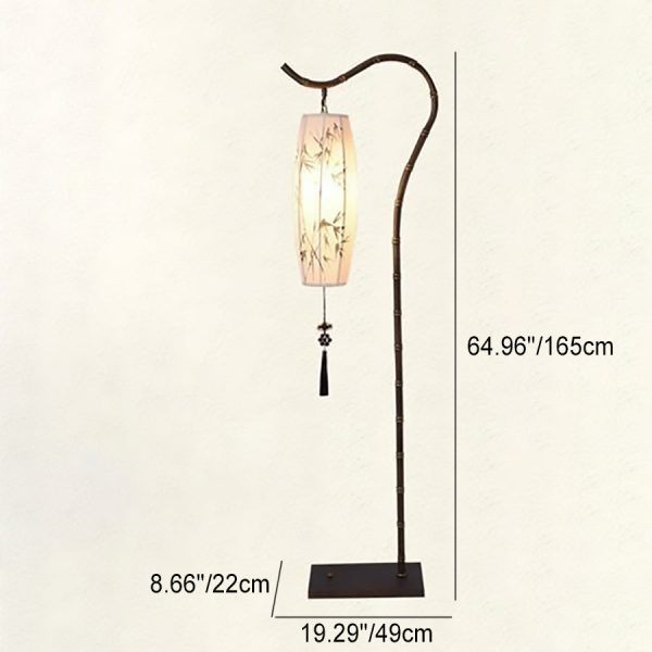 Traditional Chinese Arc Iron Fabric Bamboo Lantern Shade 1-Light Standing Floor Lamp For Study - Image 4