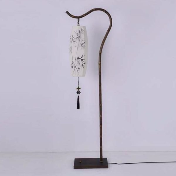 Traditional Chinese Arc Iron Fabric Bamboo Lantern Shade 1-Light Standing Floor Lamp For Study - Image 9