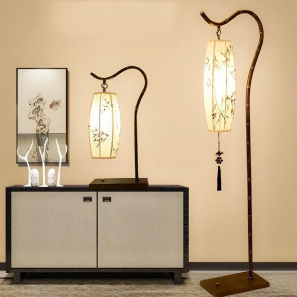Traditional Chinese Arc Iron Fabric Bamboo Lantern Shade 1-Light Standing Floor Lamp For Study - Image 6