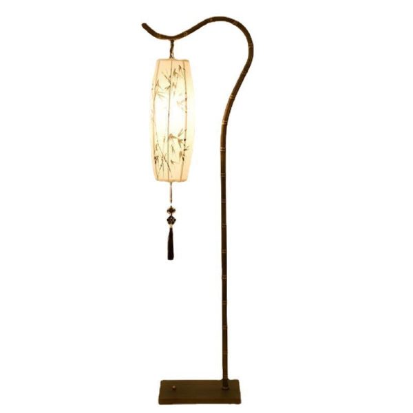 Traditional Chinese Arc Iron Fabric Bamboo Lantern Shade 1-Light Standing Floor Lamp For Study - Image 10