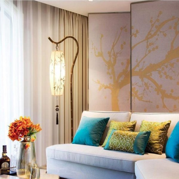 Traditional Chinese Arc Iron Fabric Bamboo Lantern Shade 1-Light Standing Floor Lamp For Study - Image 2