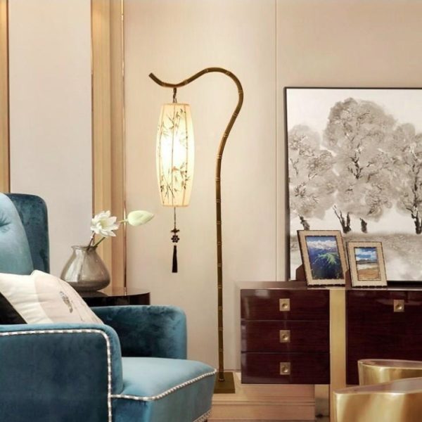 Traditional Chinese Arc Iron Fabric Bamboo Lantern Shade 1-Light Standing Floor Lamp For Study - Image 3