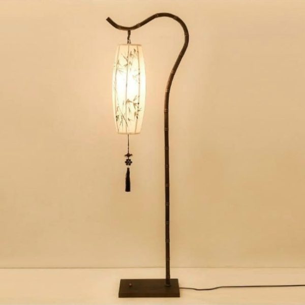Traditional Chinese Arc Iron Fabric Bamboo Lantern Shade 1-Light Standing Floor Lamp For Study - Image 7
