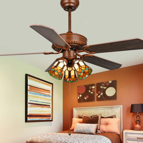 Traditional Tiffany Flower Stained Glass Shade Wood Fan 3-Light Downrods Ceiling Fan Light For Living Room - Image 12