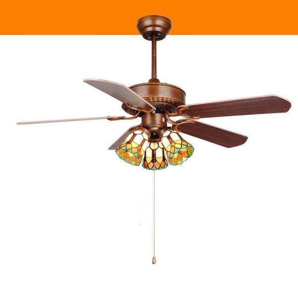 Traditional Tiffany Flower Stained Glass Shade Wood Fan 3-Light Downrods Ceiling Fan Light For Living Room - Image 18