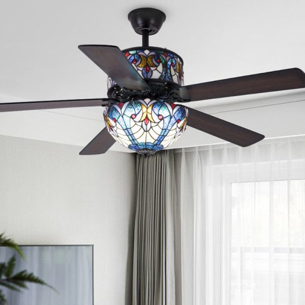 Traditional Tiffany Stained Glass Dome Shade Wood Fan Hardware 5-Light Downrods Ceiling Fan Light For Living Room - Image 9