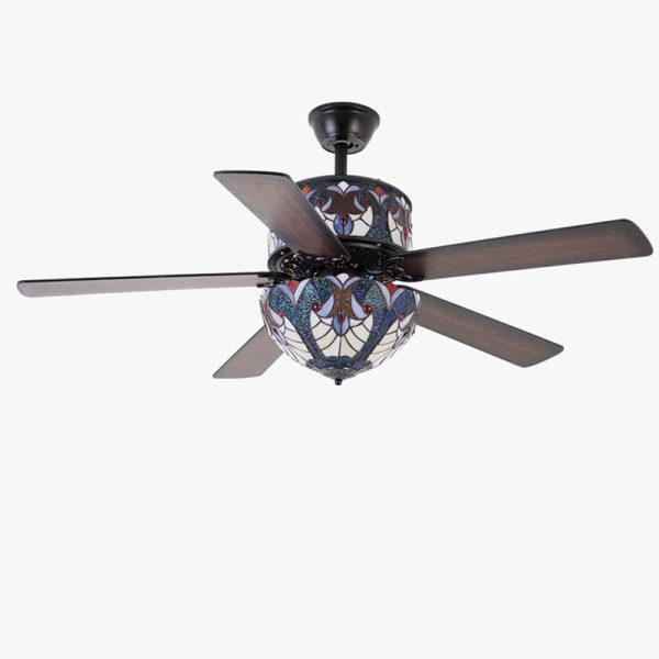 Traditional Tiffany Stained Glass Dome Shade Wood Fan Hardware 5-Light Downrods Ceiling Fan Light For Living Room - Image 14