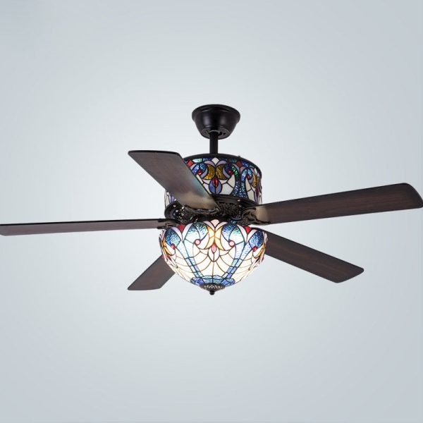 Traditional Tiffany Stained Glass Dome Shade Wood Fan Hardware 5-Light Downrods Ceiling Fan Light For Living Room - Image 13