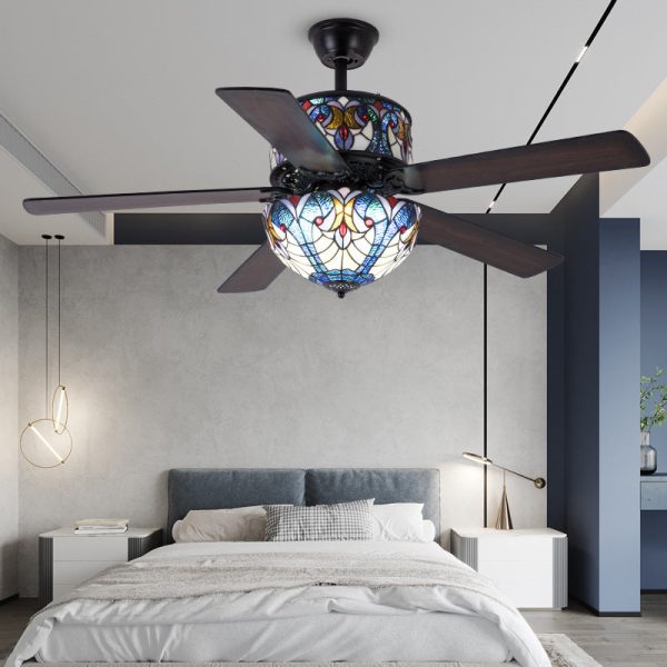 Traditional Tiffany Stained Glass Dome Shade Wood Fan Hardware 5-Light Downrods Ceiling Fan Light For Living Room - Image 2