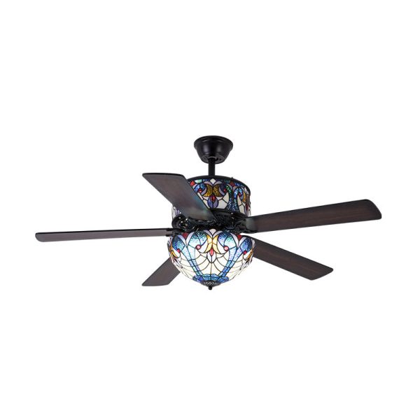 Traditional Tiffany Stained Glass Dome Shade Wood Fan Hardware 5-Light Downrods Ceiling Fan Light For Living Room - Image 15