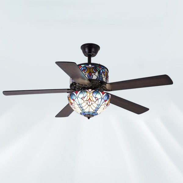 Traditional Tiffany Stained Glass Dome Shade Wood Fan Hardware 5-Light Downrods Ceiling Fan Light For Living Room - Image 12