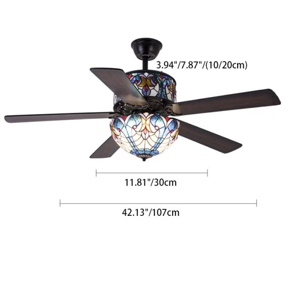 Traditional Tiffany Stained Glass Dome Shade Wood Fan Hardware 5-Light Downrods Ceiling Fan Light For Living Room - Image 4