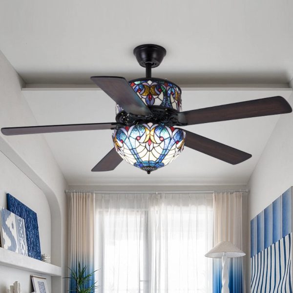 Traditional Tiffany Stained Glass Dome Shade Wood Fan Hardware 5-Light Downrods Ceiling Fan Light For Living Room - Image 10