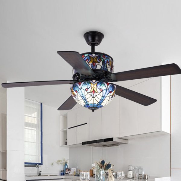 Traditional Tiffany Stained Glass Dome Shade Wood Fan Hardware 5-Light Downrods Ceiling Fan Light For Living Room - Image 11