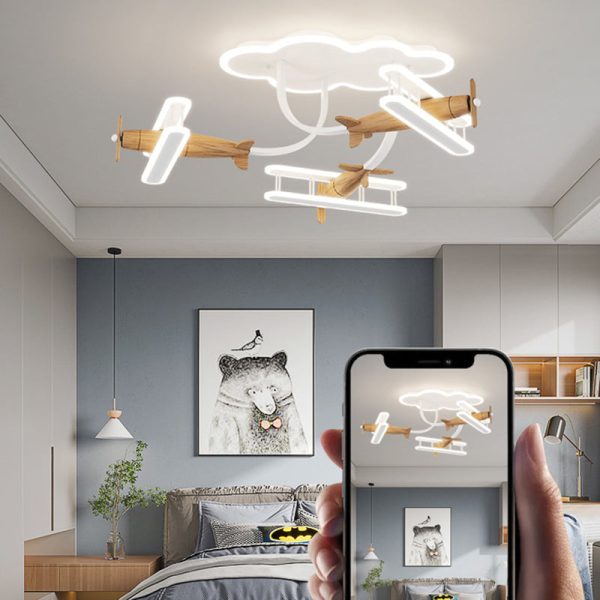Contemporary Creative Cartoon Solid Wood Plane Acrylic LED Semi-Flush Mount Ceiling Light For Living Room