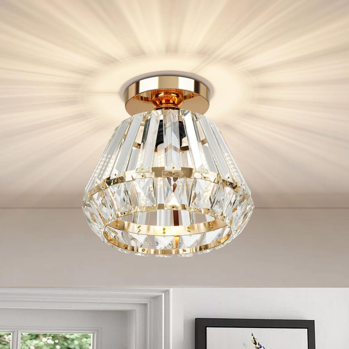 Contemporary Luxury Sparkle Crystal Diamond Shade 1-Light Semi-Flush Mount Ceiling Light For Living Room - Image 3