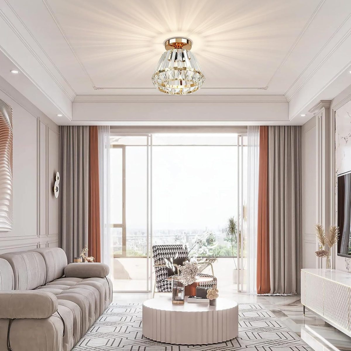 Contemporary Luxury Sparkle Crystal Diamond Shade 1-Light Semi-Flush Mount Ceiling Light For Living Room - Image 6