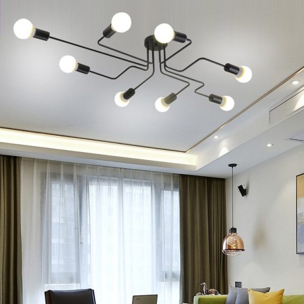 Traditional Rustic Glass Iron Frame Maze 4/6/8-Light Semi-Flush Mount Ceiling Light For Living Room - Image 2