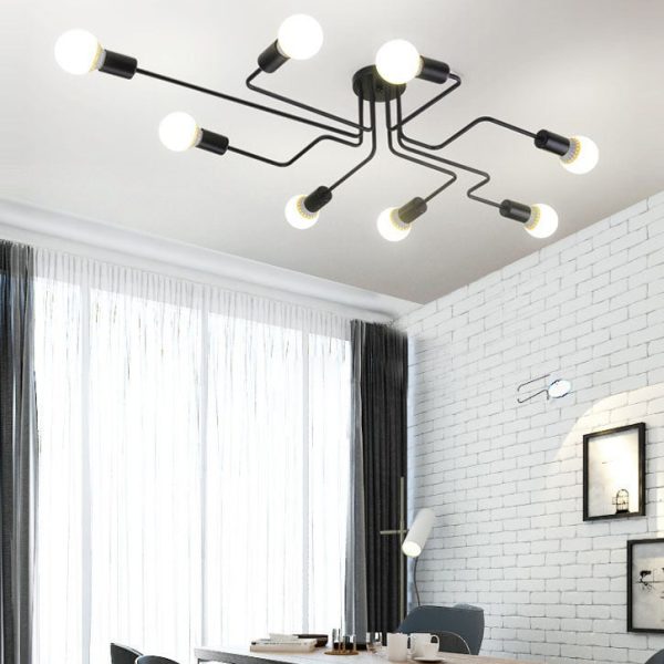 Traditional Rustic Glass Iron Frame Maze 4/6/8-Light Semi-Flush Mount Ceiling Light For Living Room