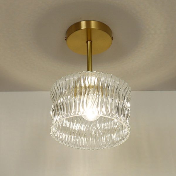 Contemporary Luxury Brass Water Ripple Glass Cylinder 1-Light Semi-Flush Mount Ceiling Light For Living Room - Image 9