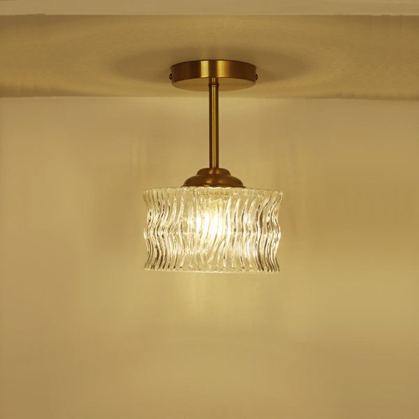 Contemporary Luxury Brass Water Ripple Glass Cylinder 1-Light Semi-Flush Mount Ceiling Light For Living Room - Image 3