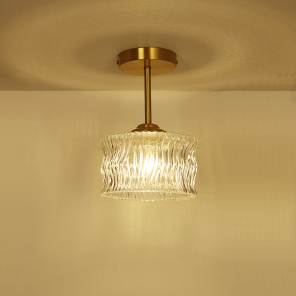 Contemporary Luxury Brass Water Ripple Glass Cylinder 1-Light Semi-Flush Mount Ceiling Light For Living Room - Image 10