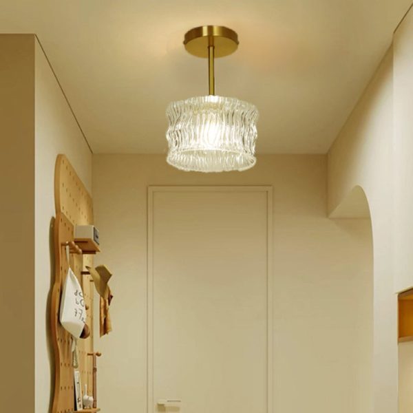 Contemporary Luxury Brass Water Ripple Glass Cylinder 1-Light Semi-Flush Mount Ceiling Light For Living Room
