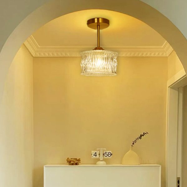 Contemporary Luxury Brass Water Ripple Glass Cylinder 1-Light Semi-Flush Mount Ceiling Light For Living Room - Image 2