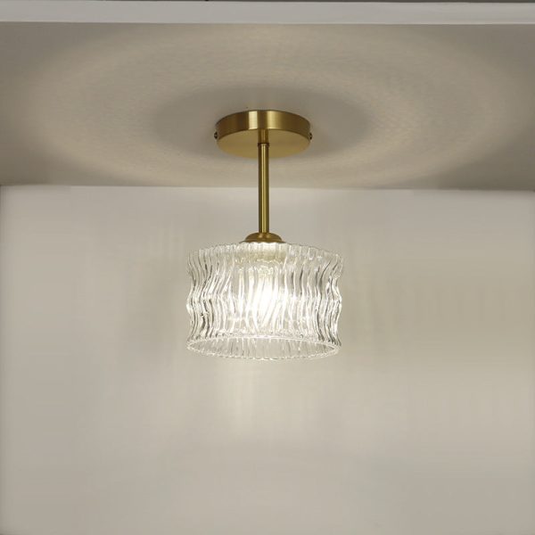 Contemporary Luxury Brass Water Ripple Glass Cylinder 1-Light Semi-Flush Mount Ceiling Light For Living Room - Image 11
