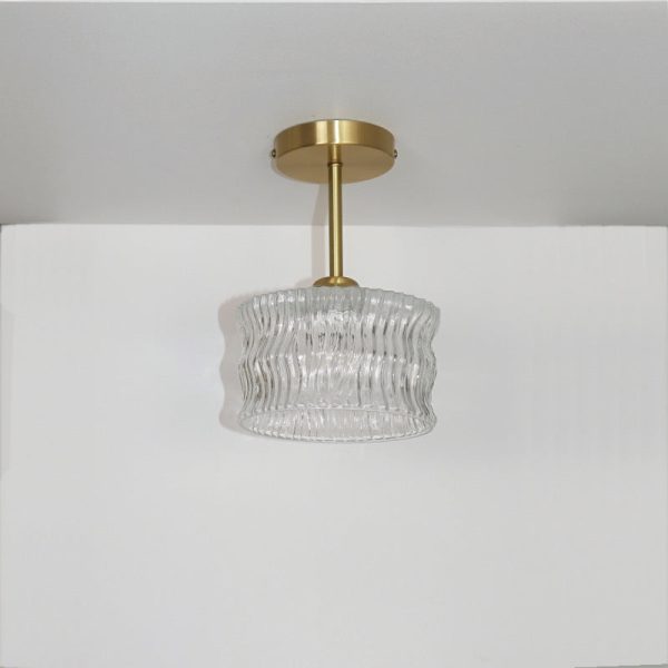 Contemporary Luxury Brass Water Ripple Glass Cylinder 1-Light Semi-Flush Mount Ceiling Light For Living Room - Image 12