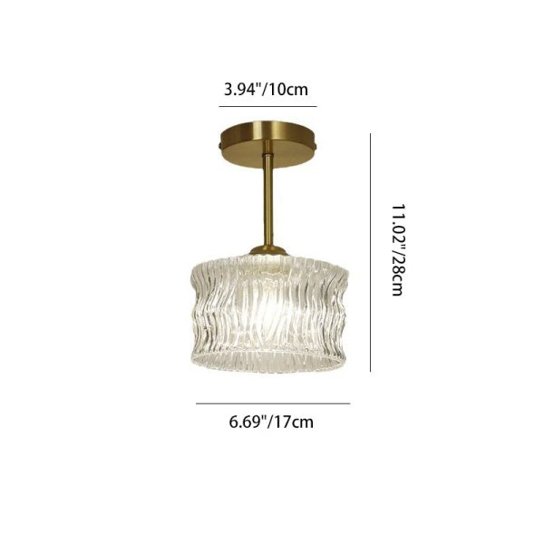 Contemporary Luxury Brass Water Ripple Glass Cylinder 1-Light Semi-Flush Mount Ceiling Light For Living Room - Image 4